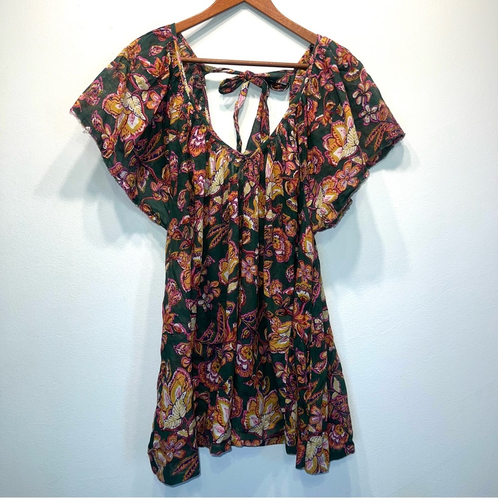 Free People Printed Tunic Sheer Plunge V Neck Balloon Sleeve Moody Small Dress